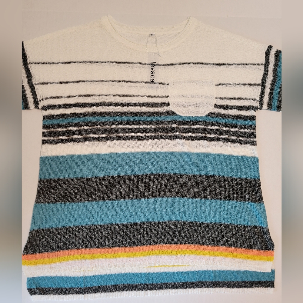 Levaca Striped Drop Shoulder Knit Top With Pocket